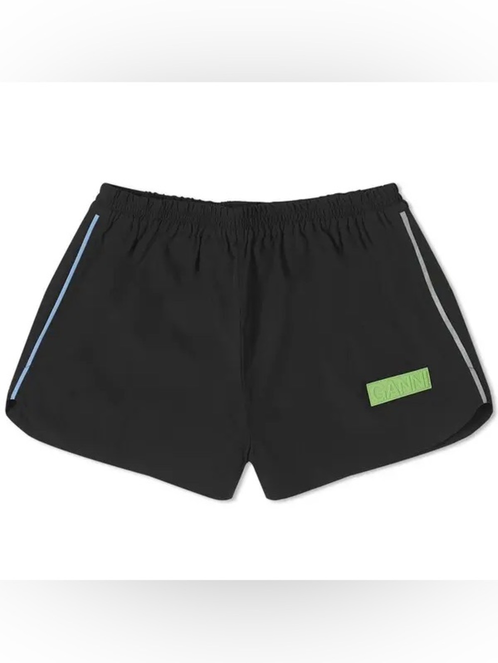 Ganni Black Athletic Shorts with Blue & Gray Side Trim and Green Logo Patch